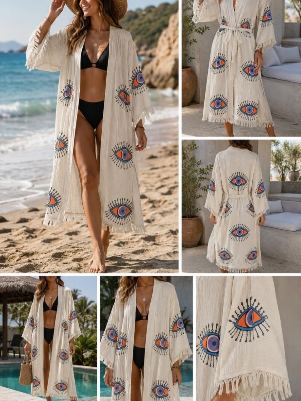Boho Evil Eye Print Double Gauze Kimono Robe Boho Chic Festival OS